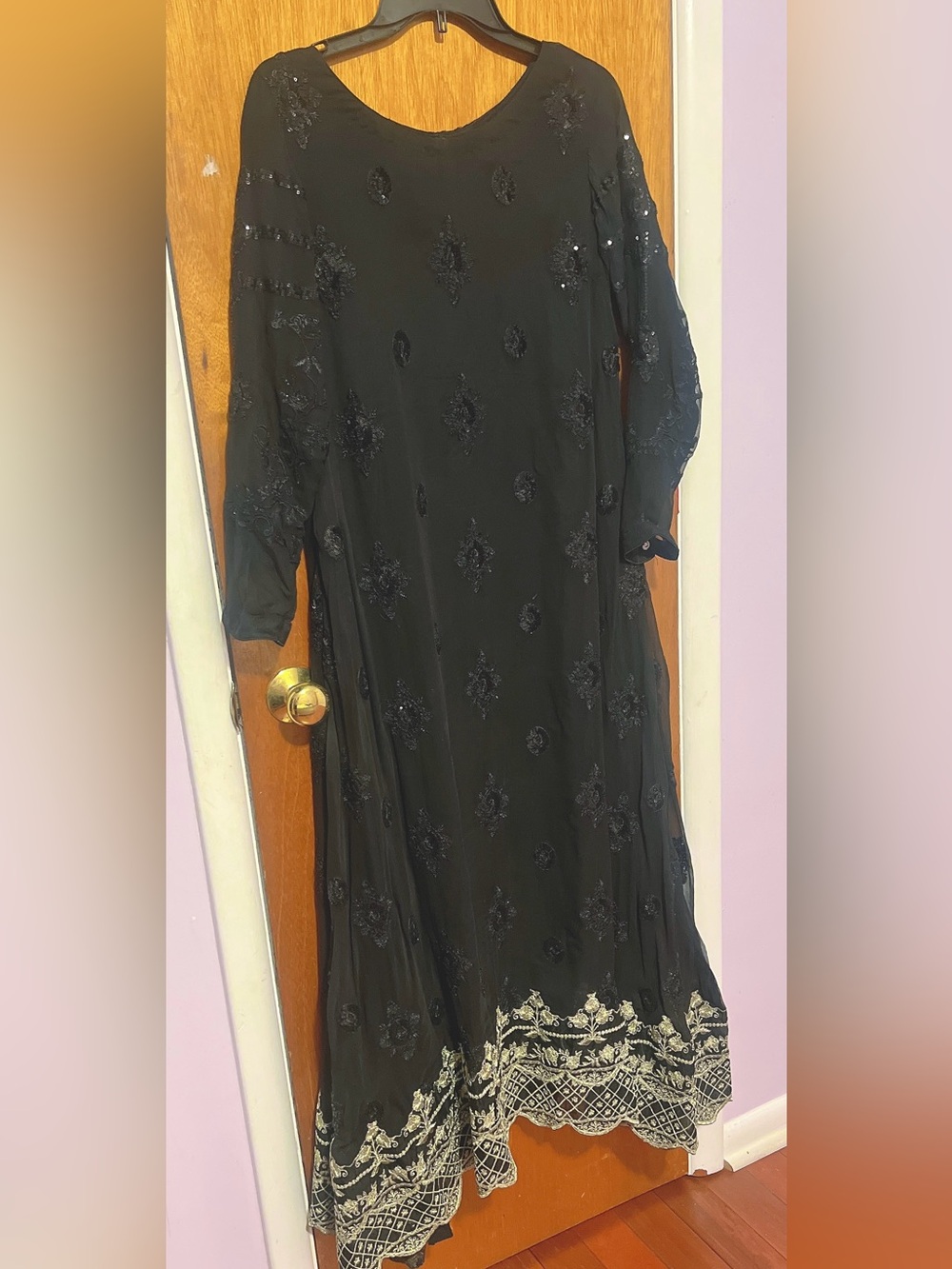 Black Embroidered Long Sleeve Maxi Dress with Ivory Hem .. lenght 51” to 53”